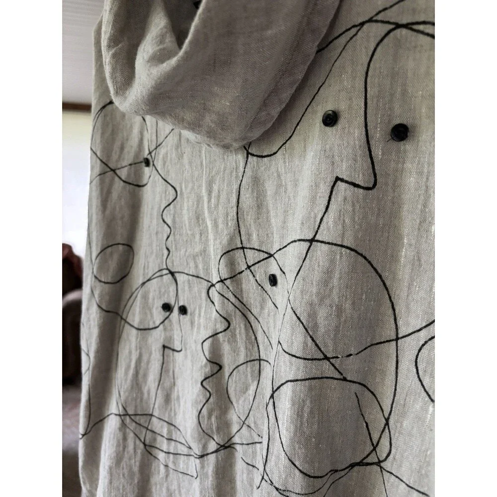 Odile 100% Linen Cowel Neck Shirt Women M Tan Artistic Hand Painted